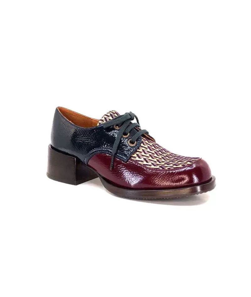 Chie Mihara Trudu Cuir Vernis Purple, Vert & Toile Satin Imprimee-Femme Lacets
