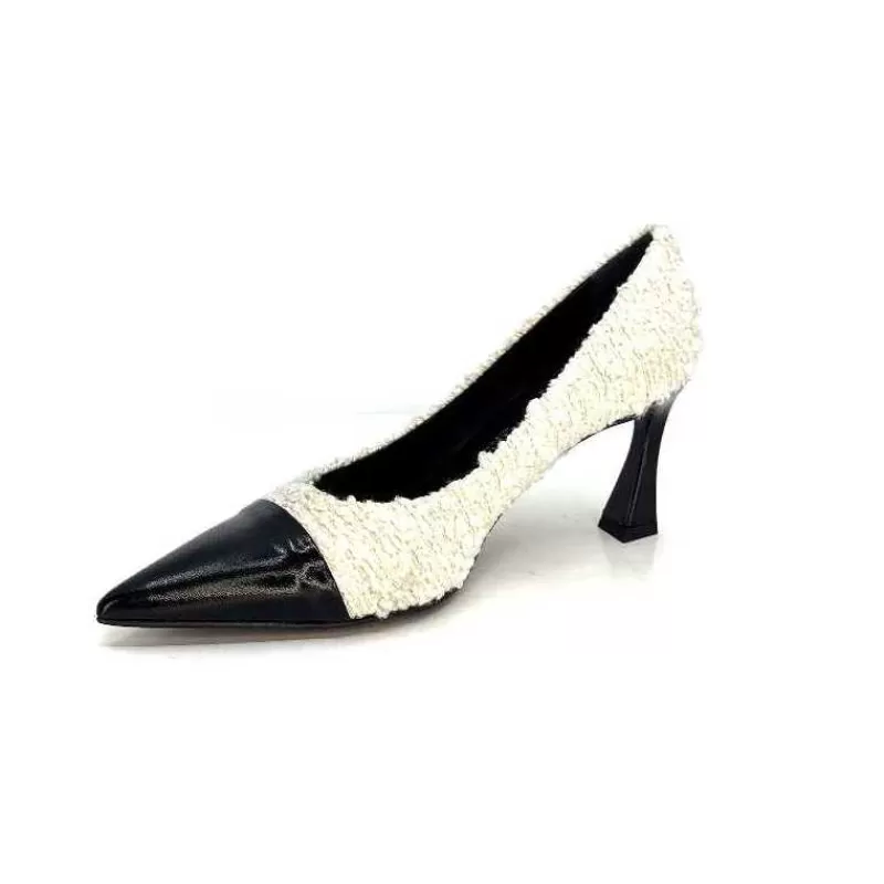 moon flower - enzo di martino Enzo Di Martino Eli 715 Textile Creme Cuir Vernis Noir-Femme Escarpins