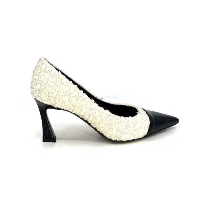 moon flower - enzo di martino Enzo Di Martino Eli 715 Textile Creme Cuir Vernis Noir-Femme Escarpins