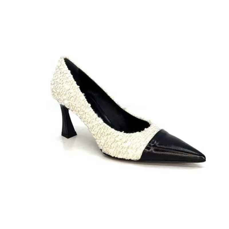 moon flower - enzo di martino Enzo Di Martino Eli 715 Textile Creme Cuir Vernis Noir-Femme Escarpins