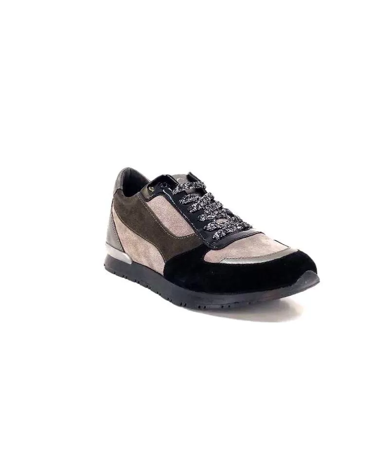 Requin Reqins Electra Mix Daim Noir, Gris Cuir Acier & Cuir Vernis Noir-Femme Baskets