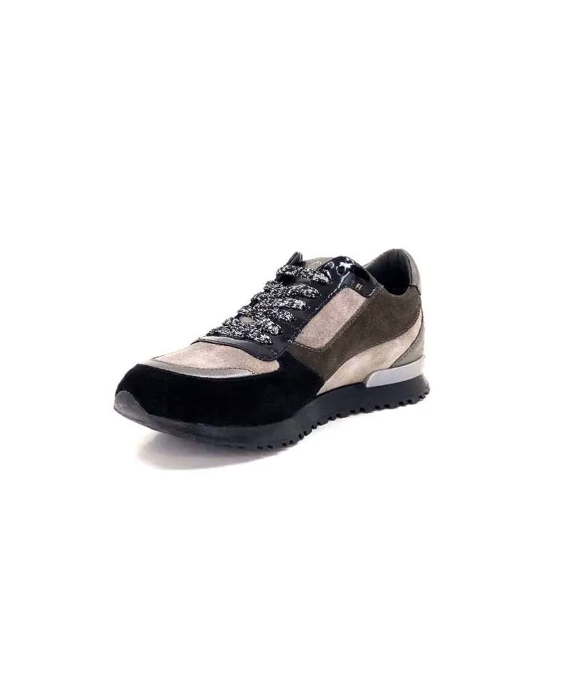 Requin Reqins Electra Mix Daim Noir, Gris Cuir Acier & Cuir Vernis Noir-Femme Baskets